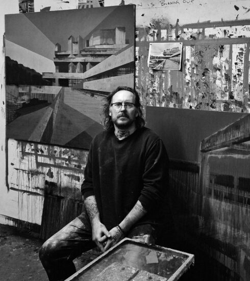 The artist in his studio. Black and white image