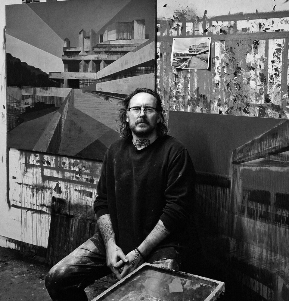The artist in his studio. Black and white image