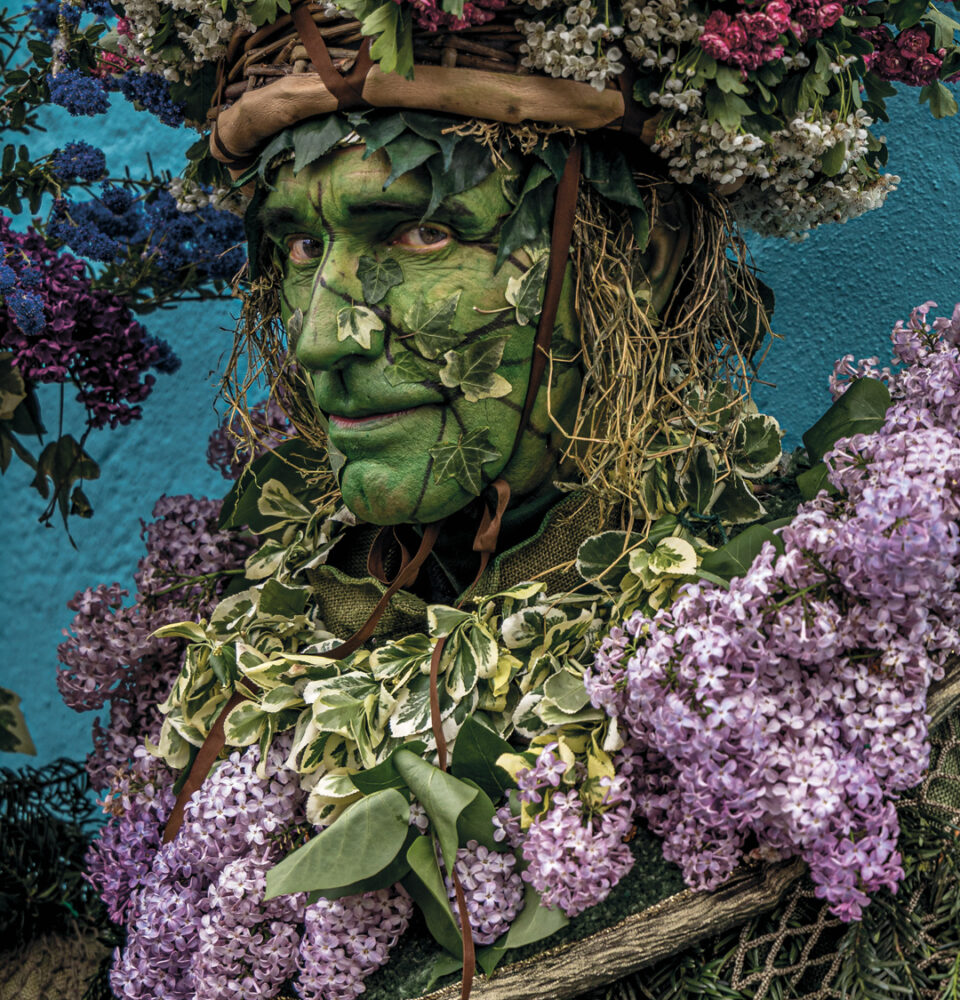 Man covered in greenery with leaves and foliage for Hastings' Jack in the Green